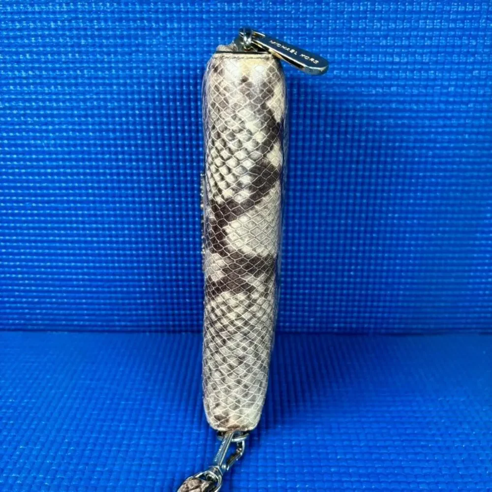 🔴 MICHAEL KORS SNAKE SKIN Brown Beige Wristlet Wallet With Zipper EY-1504